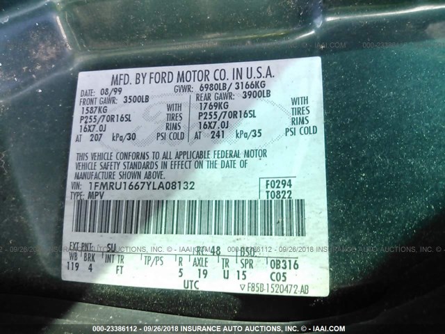 1FMRU1667YLA08132 - 2000 FORD EXPEDITION XLT GREEN photo 9