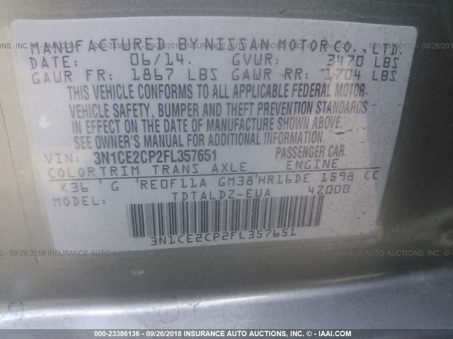 3N1CE2CP2FL357651 - 2015 NISSAN VERSA NOTE S/S PLUS/SV/SL/SR GRAY photo 9