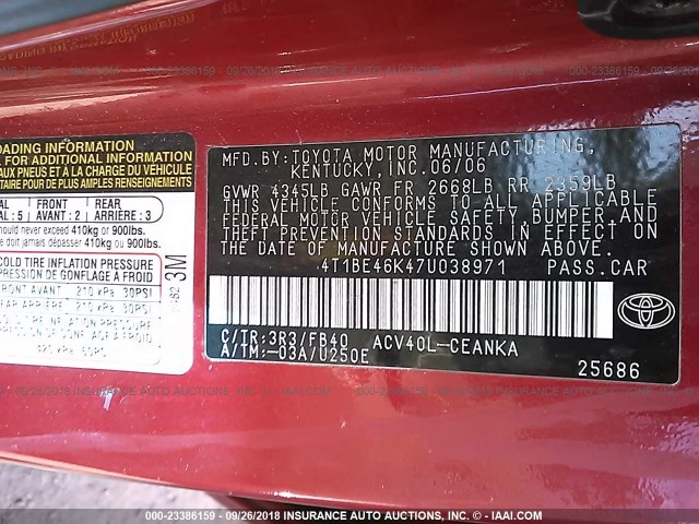 4T1BE46K47U038971 - 2007 TOYOTA CAMRY NEW GENERAT CE/LE/XLE/SE RED photo 9