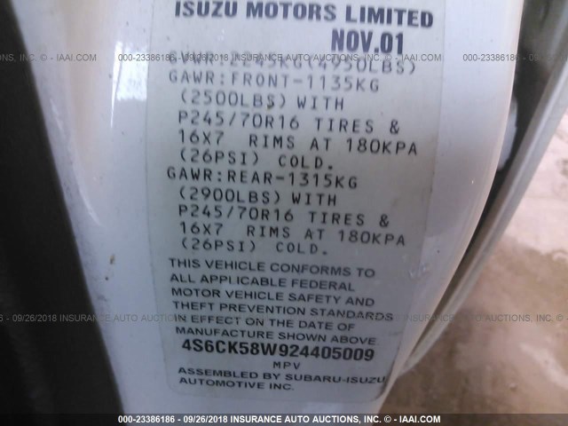 4S6CK58W924405009 - 2002 HONDA PASSPORT EX/LX Սպիտակ լուսանկար 9