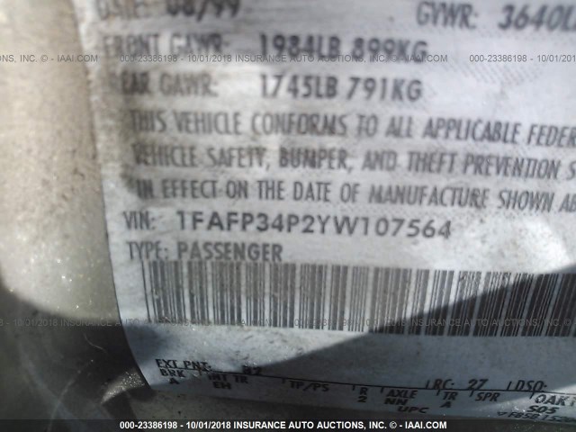 1FAFP34P2YW107564 - 2000 FORD FOCUS SE/SE COMFORT GOLD photo 9