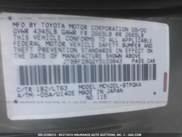 JT8BF28G2Y5103843 - 2000 LEXUS ES 300 GOLD photo 9