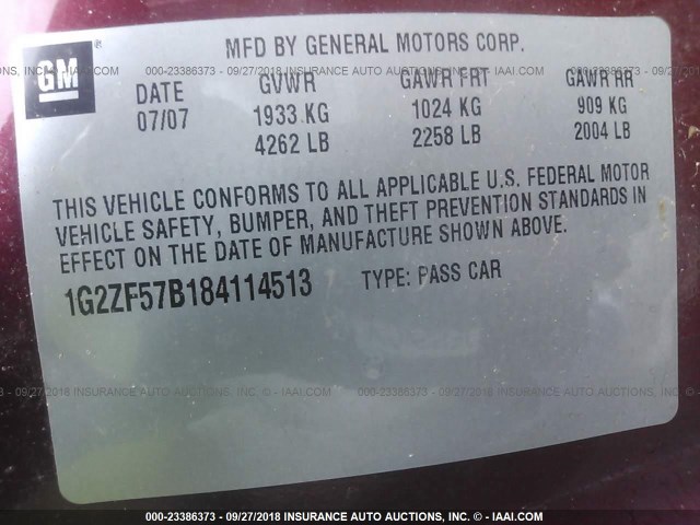 1G2ZF57B184114513 - 2008 PONTIAC G6 VALUE LEADER/BASE MAROON photo 9