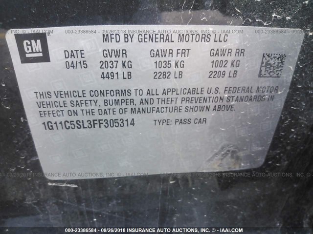 1G11C5SL3FF305314 - 2015 CHEVROLET MALIBU 1LT BLACK photo 9