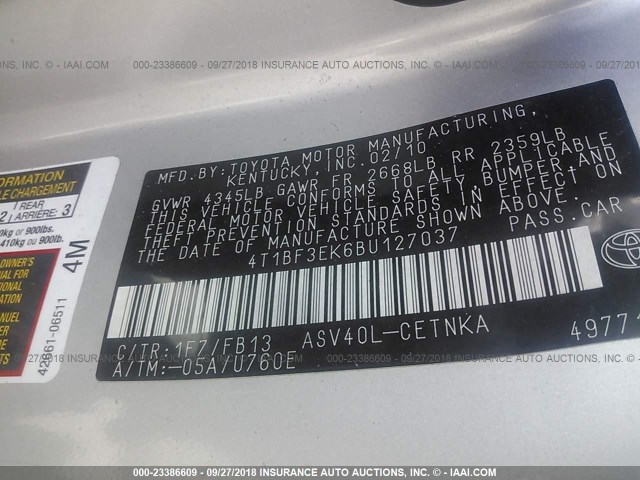 4T1BF3EK6BU127037 - 2011 TOYOTA CAMRY SE/LE/XLE ვერცხლისფერი ფოტო 9