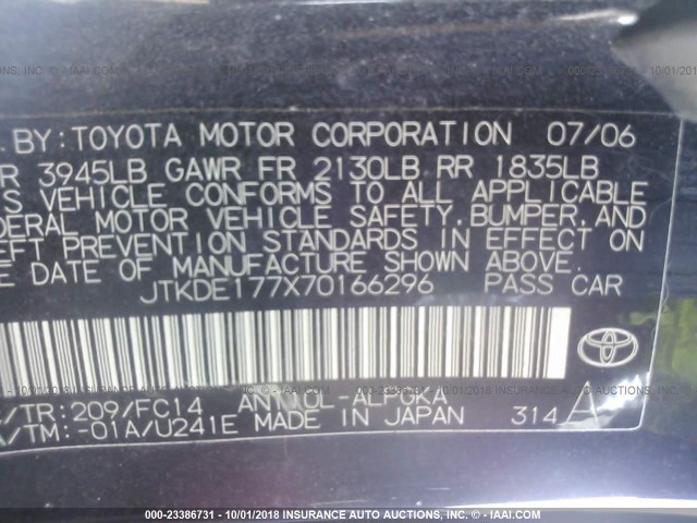 JTKDE177X70166296 - 2007 TOYOTA SCION TC 黑色 照片 9