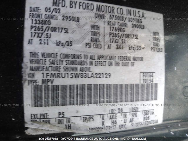 1FMRU15W83LA22129 - 2003 FORD EXPEDITION XLT BLACK photo 9