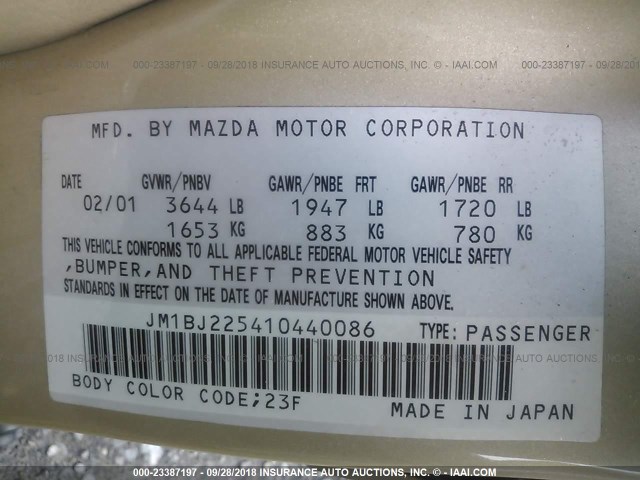 JM1BJ225410440086 - 2001 MAZDA PROTEGE LX/ES თაფლისფერი ფოტო 9