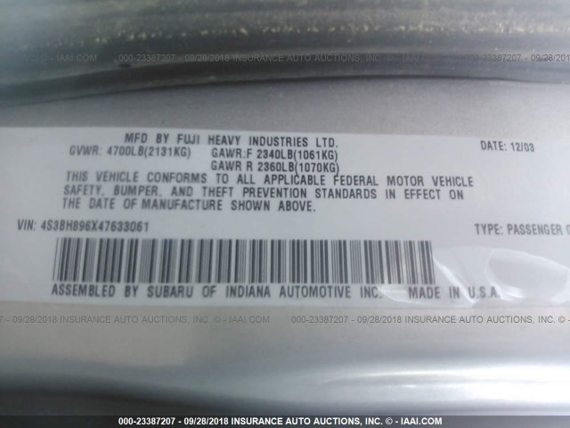 4S3BH896X47633061 - 2004 SUBARU LEGACY OUTBACK H6 3.0 VDC SILVER photo 9