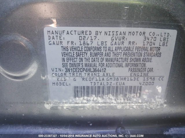 3N1CE2CP4HL364412 - 2017 NISSAN VERSA NOTE S/S PLUS/SV/SL/SR GRAY photo 9