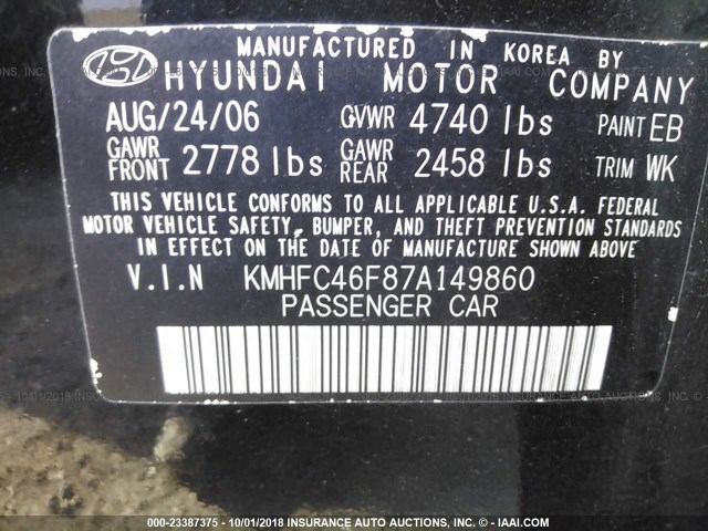 KMHFC46F87A149860 - 2007 HYUNDAI AZERA SE/LIMITED BLACK photo 9