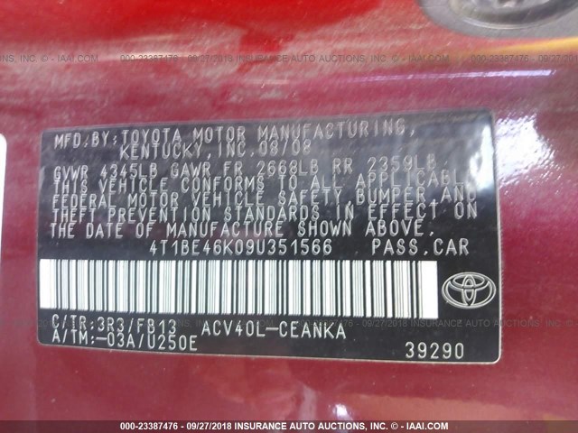 4T1BE46K09U351566 - 2009 TOYOTA CAMRY SE/LE/XLE 勃艮第红 照片 9