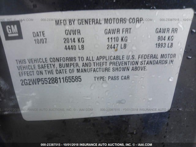 2G2WP552881165585 - 2008 PONTIAC GRAND PRIX Dark Blue photo 9