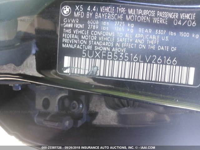 5UXFB53516LV26166 - 2006 BMW X5 4.4I BLACK photo 9