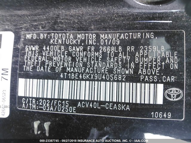 4T1BE46KX9U405682 - 2009 TOYOTA CAMRY SE/LE/XLE შავი ფოტო 9