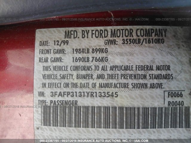 3FAFP3131YR133545 - 2000 FORD FOCUS ZX3 RED photo 9