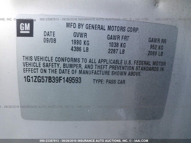 1G1ZG57B39F149593 - 2009 CHEVROLET MALIBU LS 金色 照片 9