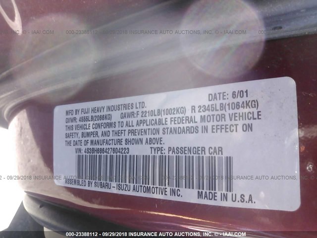 4S3BH686427604223 - 2002 SUBARU LEGACY OUTBACK LIMITED MAROON photo 9