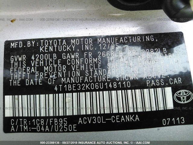4T1BE32K06U148110 - 2006 TOYOTA CAMRY LE/XLE/SE GRAY photo 9