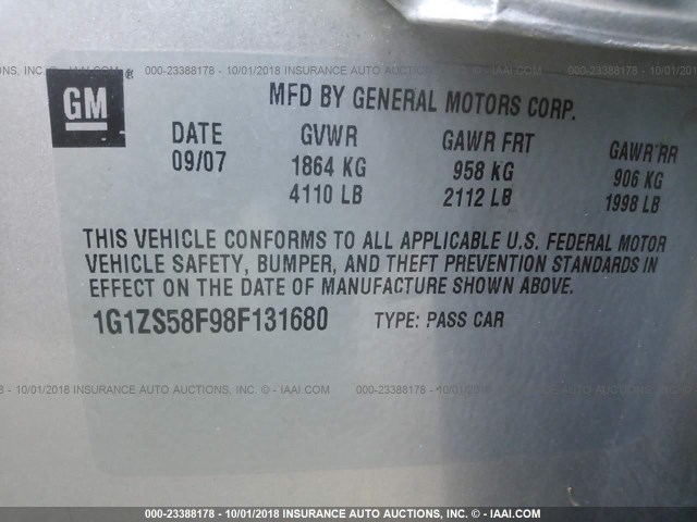 1G1ZS58F98F131680 - 2008 CHEVROLET MALIBU LS ვერცხლისფერი ფოტო 9