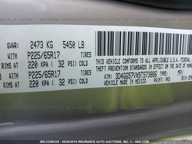 3D4GG57VX9T573886 - 2009 DODGE JOURNEY SXT GOLD photo 9