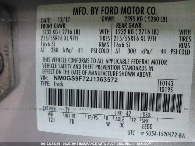 NM0GS9F72J1363572 - 2018 FORD TRANSIT CONNECT XLT SILVER photo 9