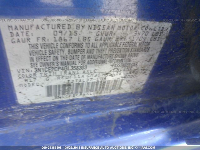 3N1CE2CP4GL358303 - 2016 NISSAN VERSA NOTE S/S PLUS/SV/SL/SR BLUE photo 9