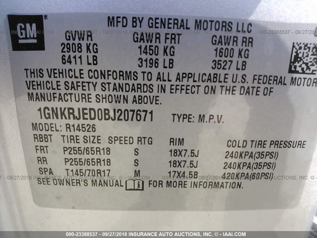 1GNKRJED0BJ207671 - 2011 CHEVROLET TRAVERSE SILVER photo 9