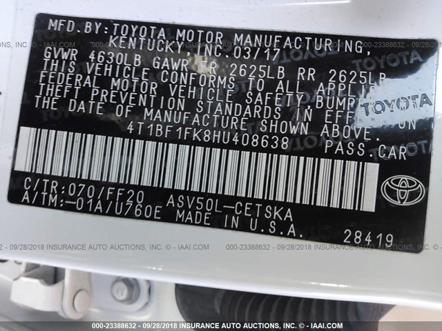 4T1BF1FK8HU408638 - 2017 TOYOTA CAMRY LE/XLE/SE/XSE 白色 照片 9
