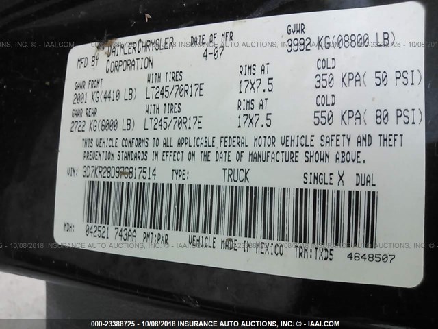 3D7KR28D97G817514 - 2007 DODGE RAM 2500 ST/SLT 黑色 照片 9