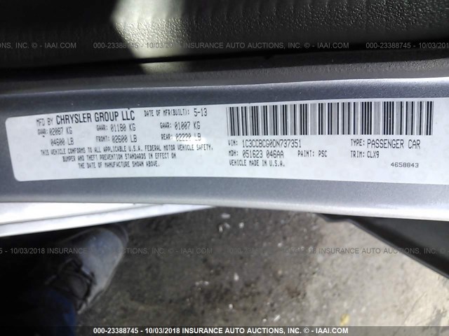 1C3CCBCG0DN737351 - 2013 CHRYSLER 200 LIMITED GRAY photo 9