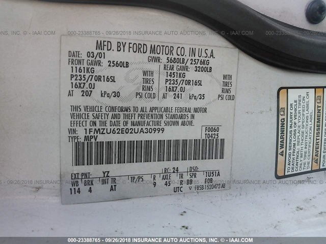 1FMZU62E02UA30999 - 2002 FORD EXPLORER XLS WHITE photo 9