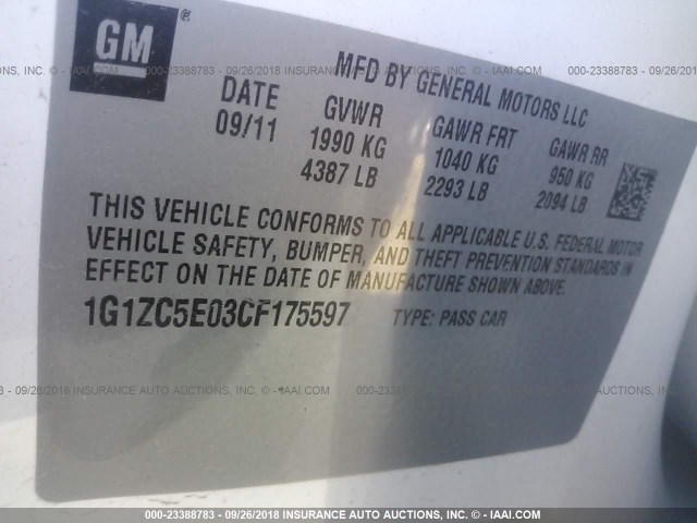 1G1ZC5E03CF175597 - 2012 CHEVROLET MALIBU 1LT თეთრი ფოტო 9