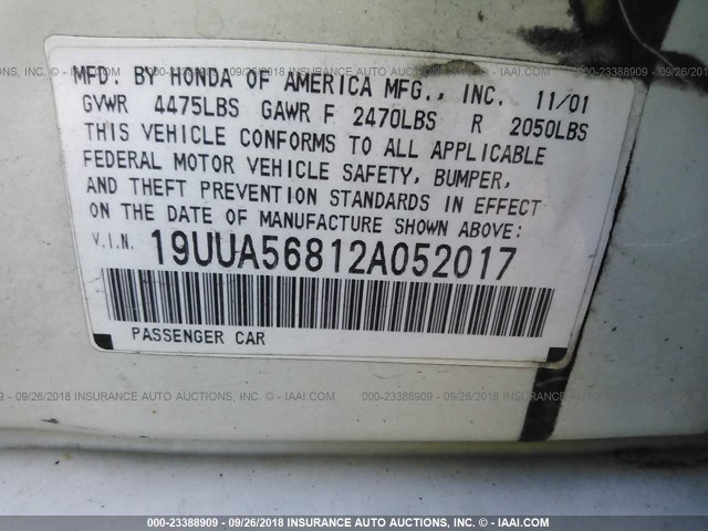 19UUA56812A052017 - 2002 ACURA 3.2TL TYPE-S WHITE photo 9