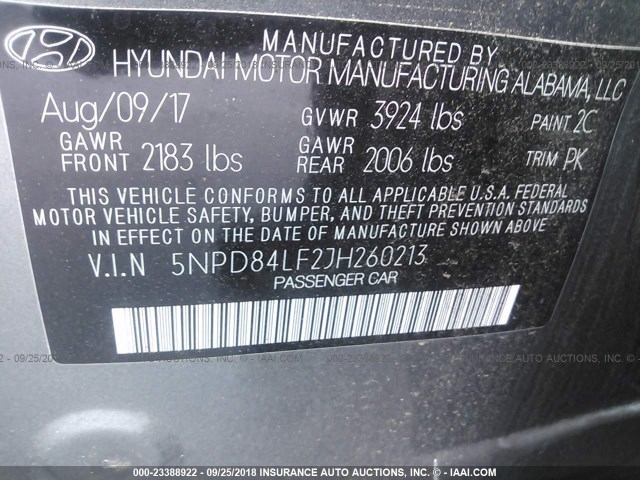 5NPD84LF2JH260213 - 2018 HYUNDAI ELANTRA SEL/VALUE/LIMITED GRAY photo 9