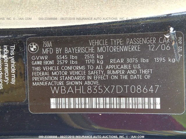 WBAHL835X7DT08647 - 2007 BMW 750 I BLACK photo 9