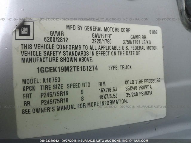 1GCEK19M2TE161274 - 1996 CHEVROLET GMT-400 K1500 SILVER photo 9