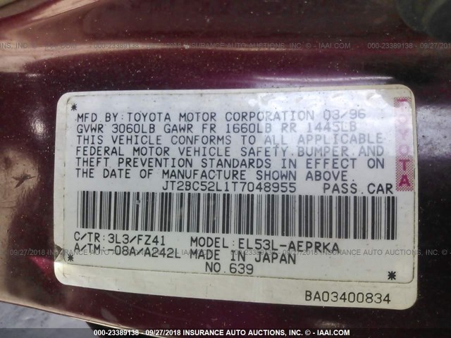 JT2BC52L1T7048955 - 1996 TOYOTA TERCEL DX MAROON photo 9