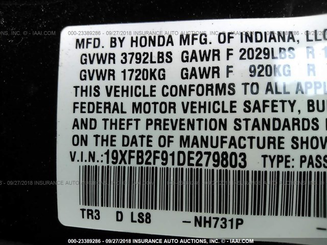 19XFB2F91DE279803 - 2013 HONDA CIVIC EXL 黑色 照片 9