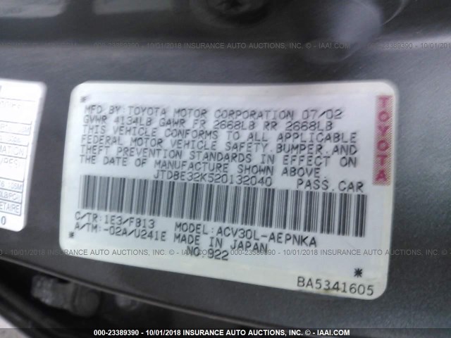 JTDBE32K520132040 - 2002 TOYOTA CAMRY LE/XLE/SE Boz foto 9