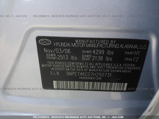 5NPET46C07H250731 - 2007 HYUNDAI SONATA GLS SILVER photo 9