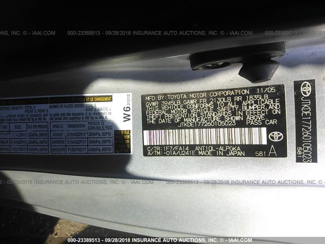 JTKDE177260105023 - 2006 TOYOTA SCION TC 银色 照片 9