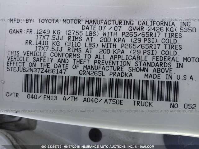 5TEJU62N37Z466147 - 2007 TOYOTA TACOMA DOUBLE CAB PRERUNNER WHITE photo 9