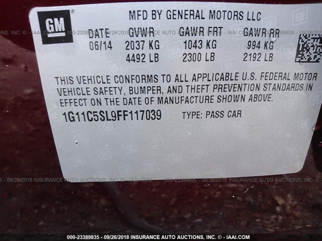 1G11C5SL9FF117039 - 2015 CHEVROLET MALIBU 1LT MAROON photo 9
