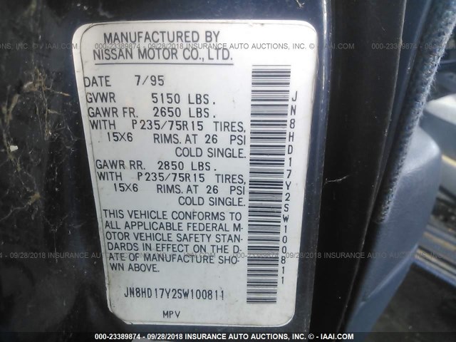 JN8HD17Y2SW100811 - 1995 NISSAN PATHFINDER LE/SE/XE BLUE photo 9