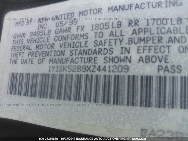 1Y1SK5289XZ441209 - 1999 CHEVROLET GEO PRIZM LSI ლურჯი ფოტო 9