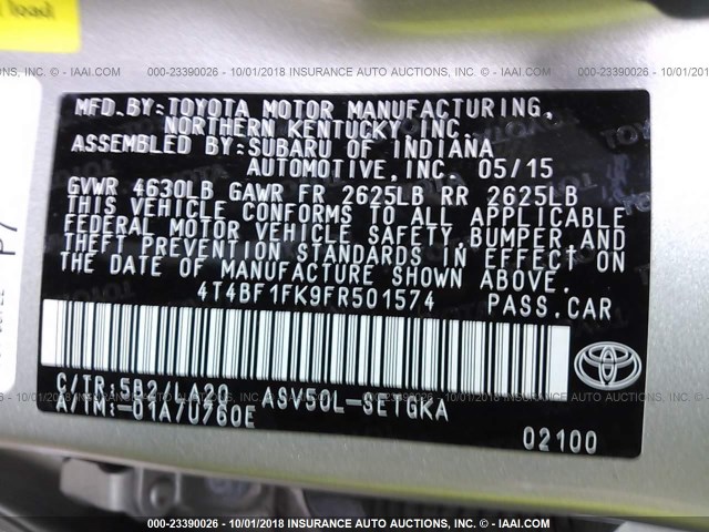 4T4BF1FK9FR501574 - 2015 TOYOTA CAMRY LE/XLE/SE/XSE 金色 照片 9