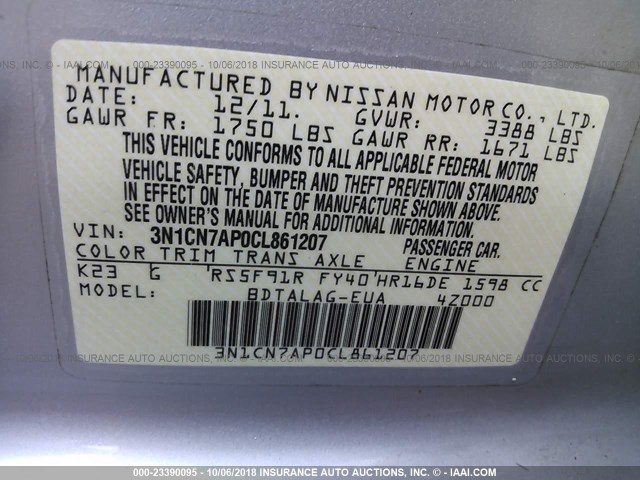 3N1CN7AP0CL861207 - 2012 NISSAN VERSA S/SV/SL SILVER photo 9