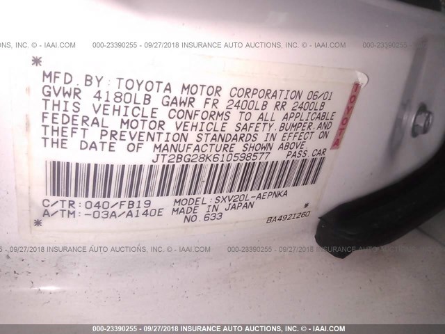 JT2BG28K610598577 - 2001 TOYOTA CAMRY LE/XLE WHITE photo 9