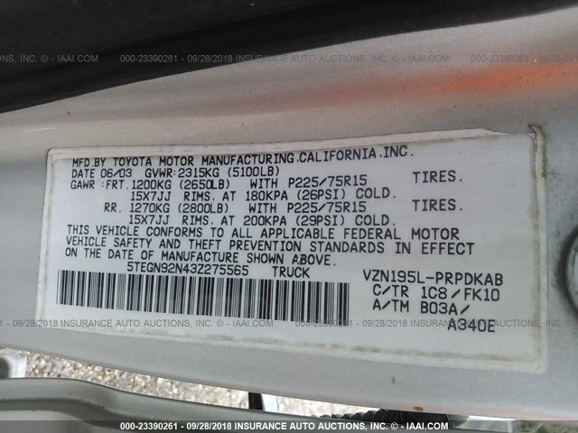 5TEGN92N43Z275565 - 2003 TOYOTA TACOMA DOUBLE CAB PRERUNNER SILVER photo 9